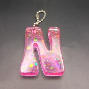 Handmade Resin Letter N Keychain Pink Glitter Fluorescent Neon Initial